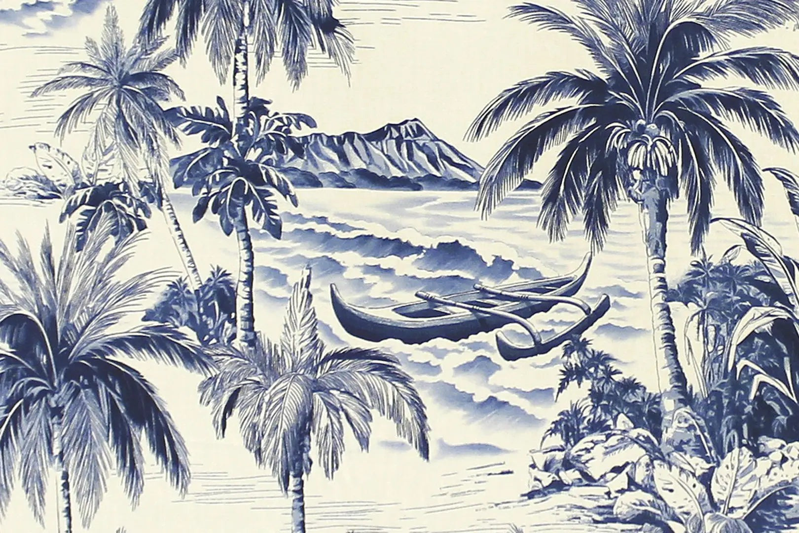 Hawaiian Discovery Furniture chair pad featuring a blue and white tropical island scene with palm trees and a canoe