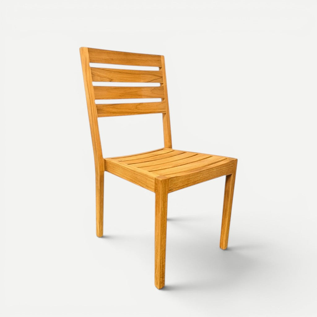 Hawaiian Discovery Furniture Venice teak outdoor side chair with a natural honey golden finish and slatted design.