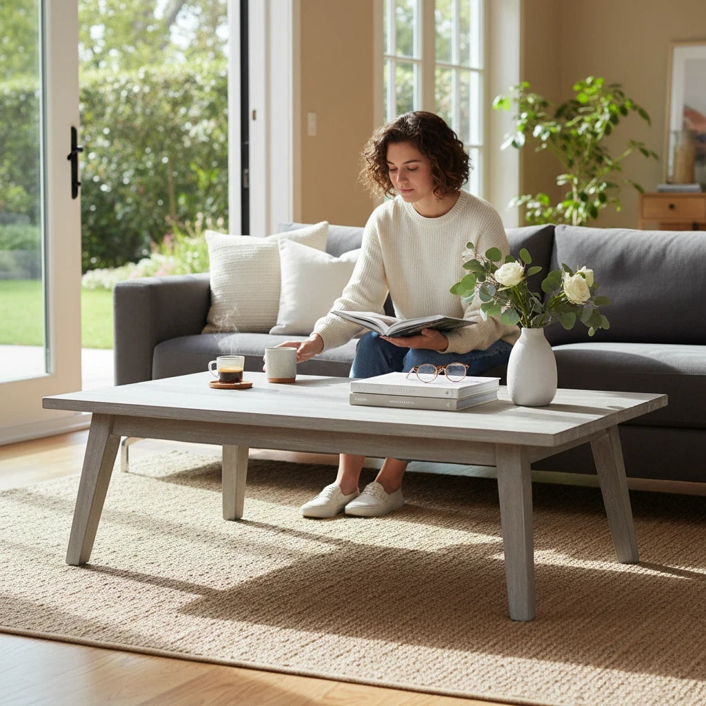 Hawaiian Discovery Furniture Wailele teak coffee table in a bright living room with a woman reading on a sofa