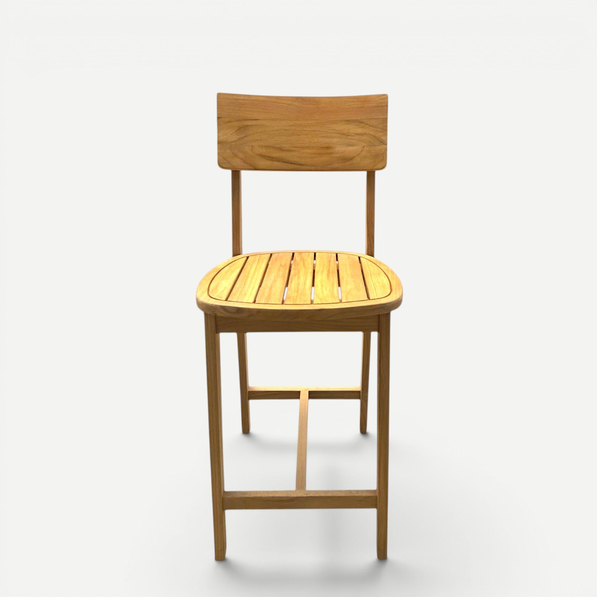 Hawaiian Discovery Furniture Wailuku teak counter stool with a slatted seat and backrest in a natural golden finish.