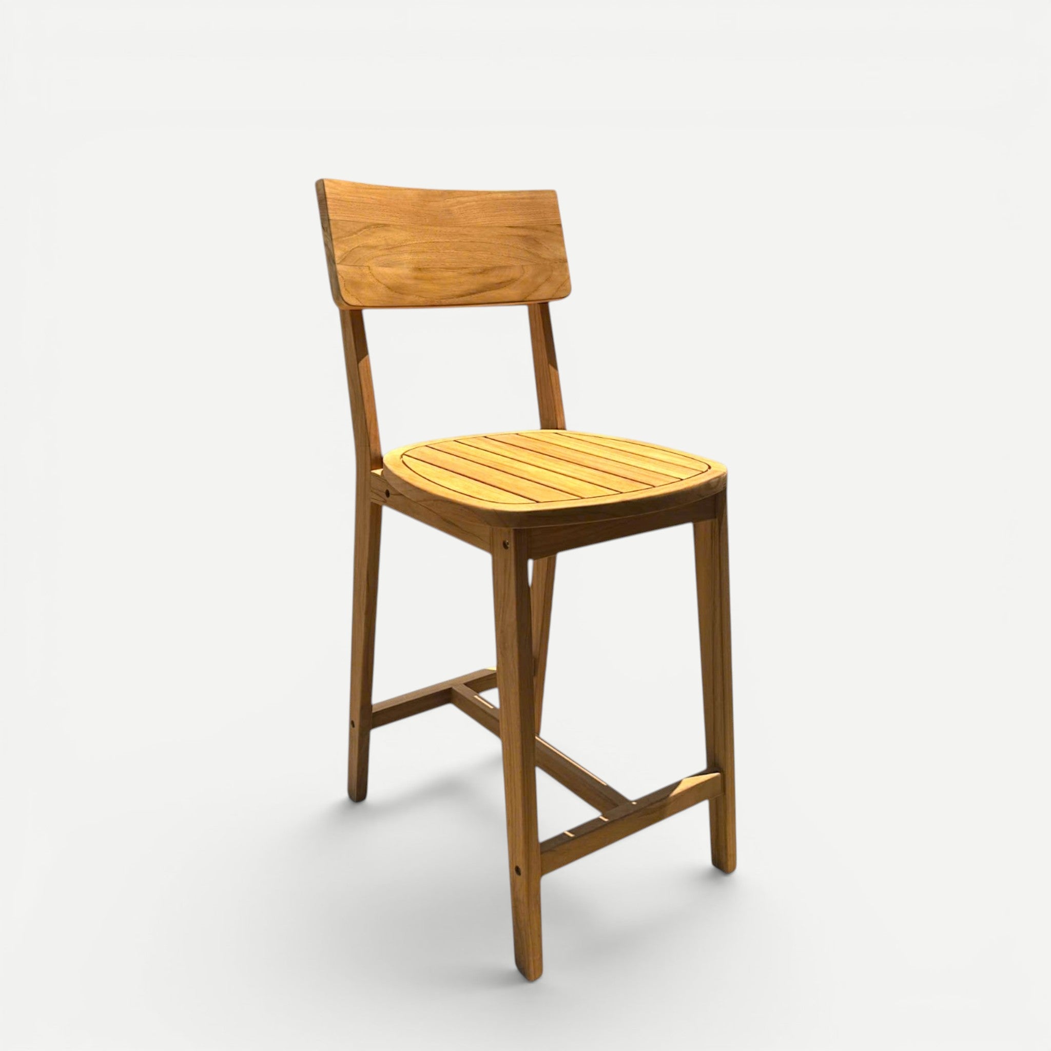 Hawaiian Discovery Furniture Wailuku teak counter stool with a slatted seat and backrest in a natural golden finish.