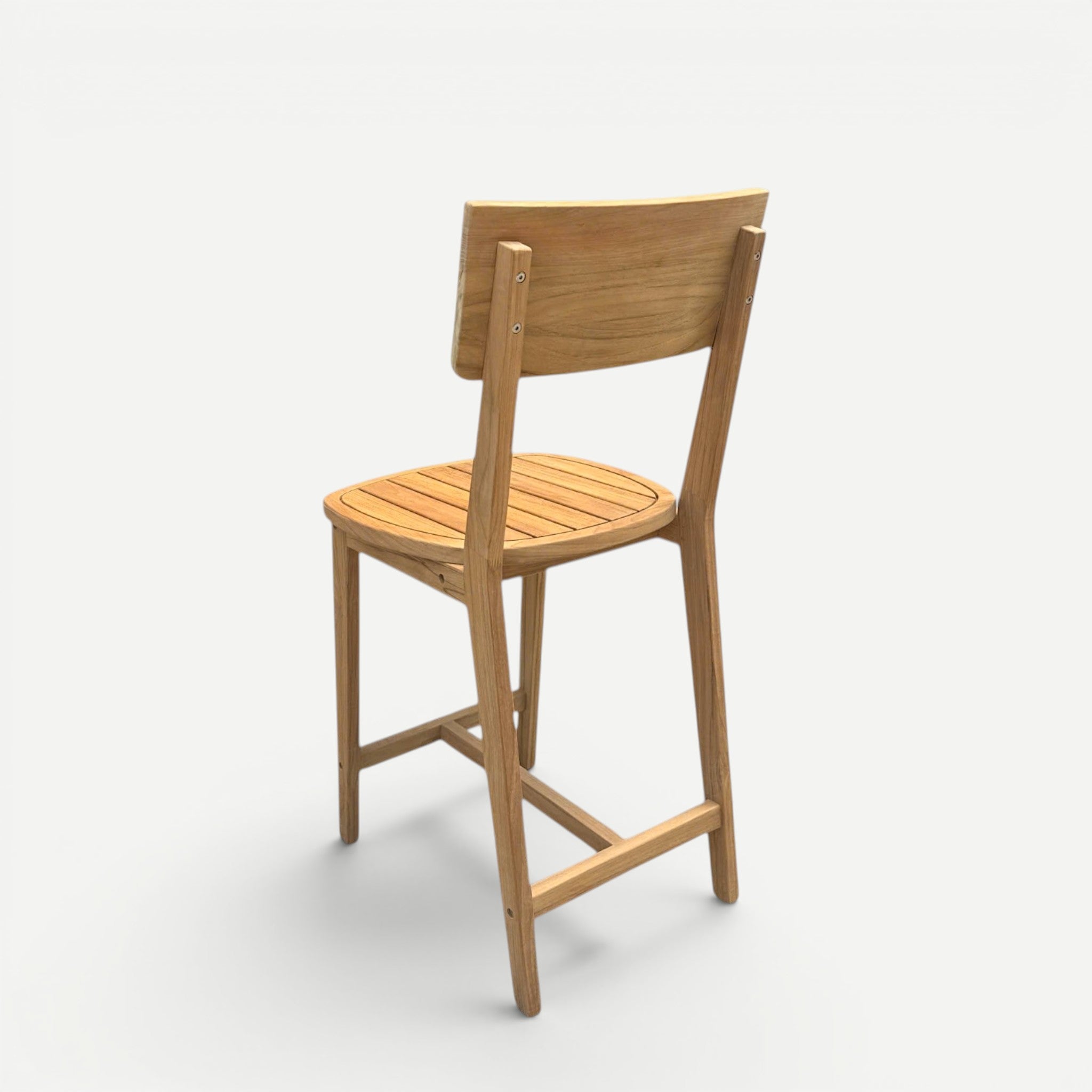 Hawaiian Discovery Furniture Wailuku teak counter stool with a natural wood finish and sturdy backrest