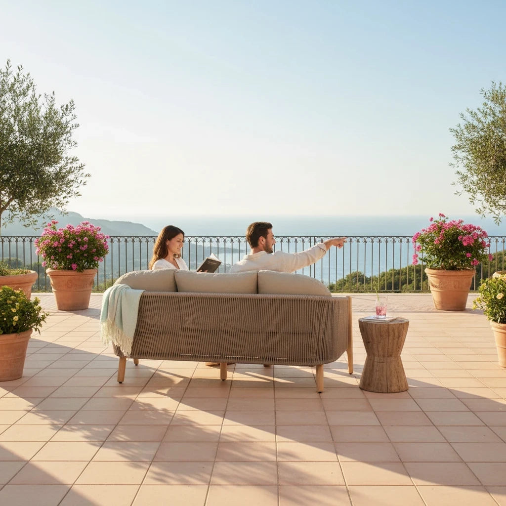 Hawaiian Discovery Furniture Cayman 3-seat outdoor sofa with woven rope back and neutral cushions on a sunny terrace.